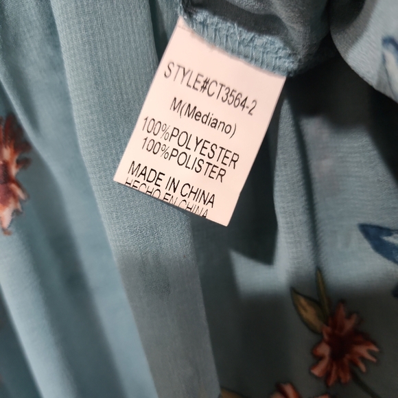 NWT BOHO Crescent Blue Floral Pullover Top Bell sleeves scalloped sheer med - Picture 5 of 11
